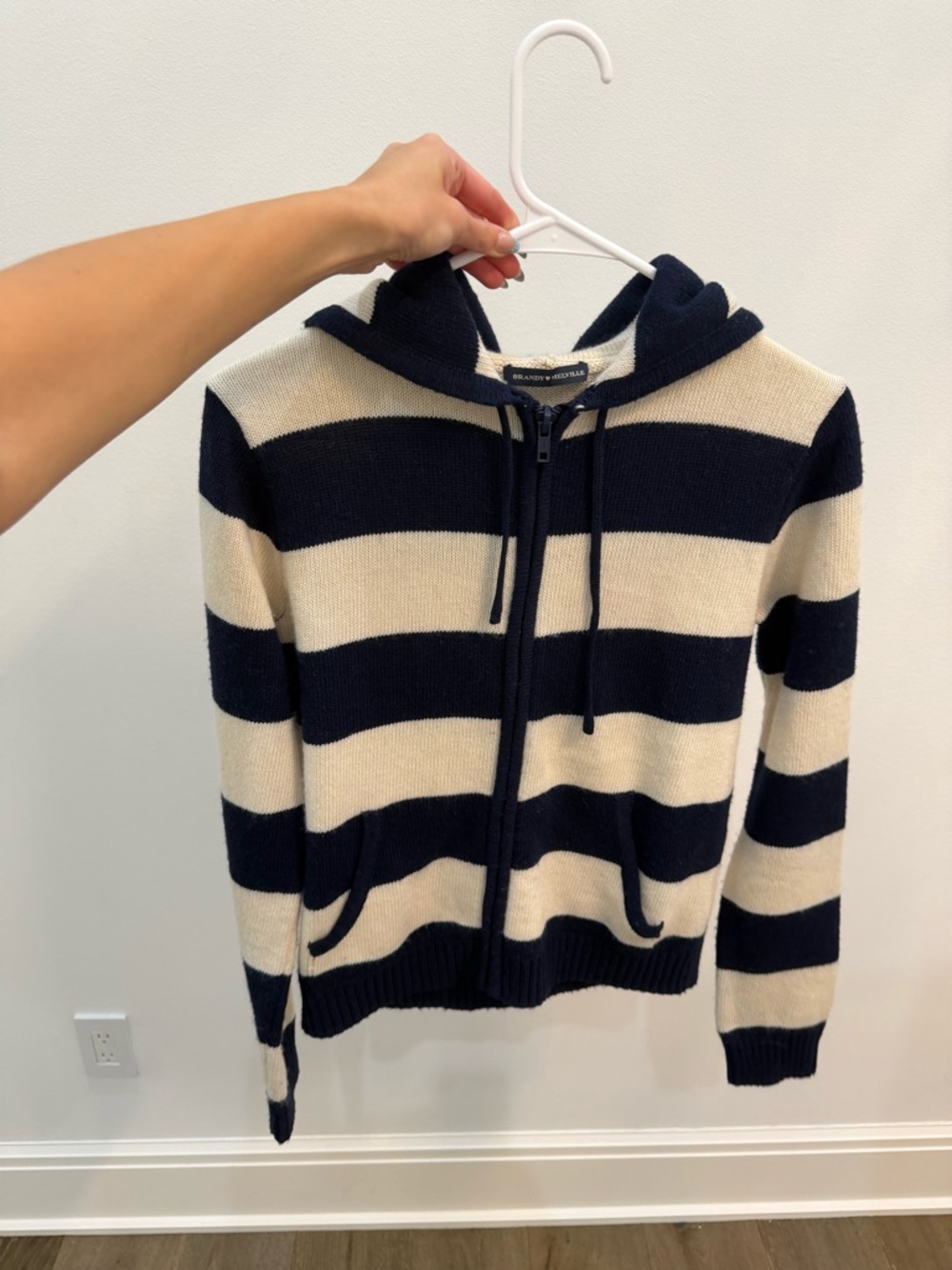 Brandy Melville Striped Hooded Zip Sweater - Navy & White